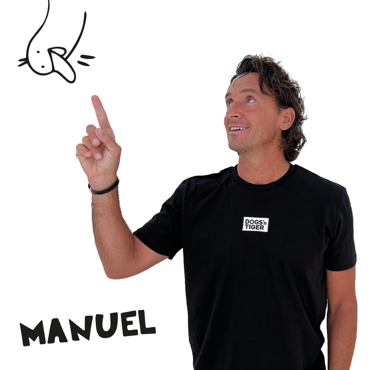 Foto von Manuel in schwarzem Shirt mit Dogs'n Tiger Logo