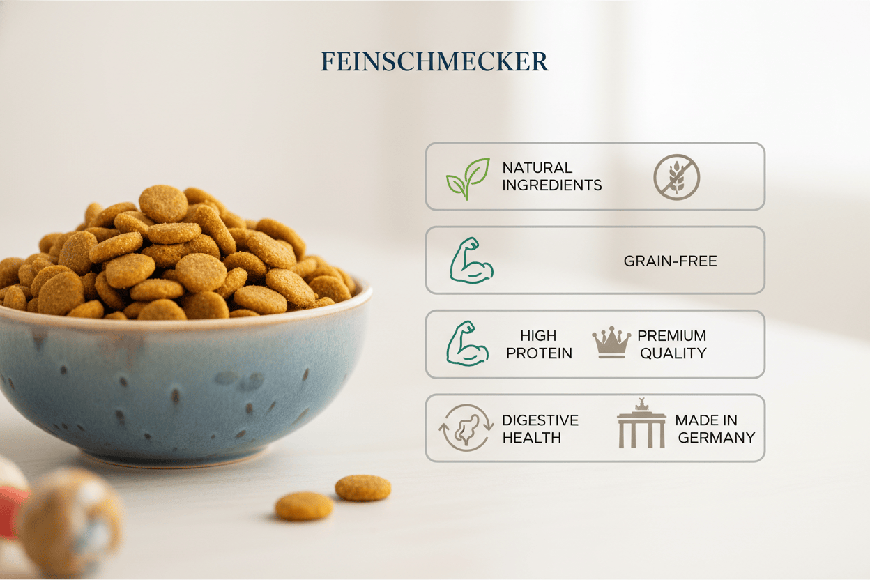 ein schüssel mit trockenfutter links und rechts sind gezeichente kacheln mit usp des trockenfutters