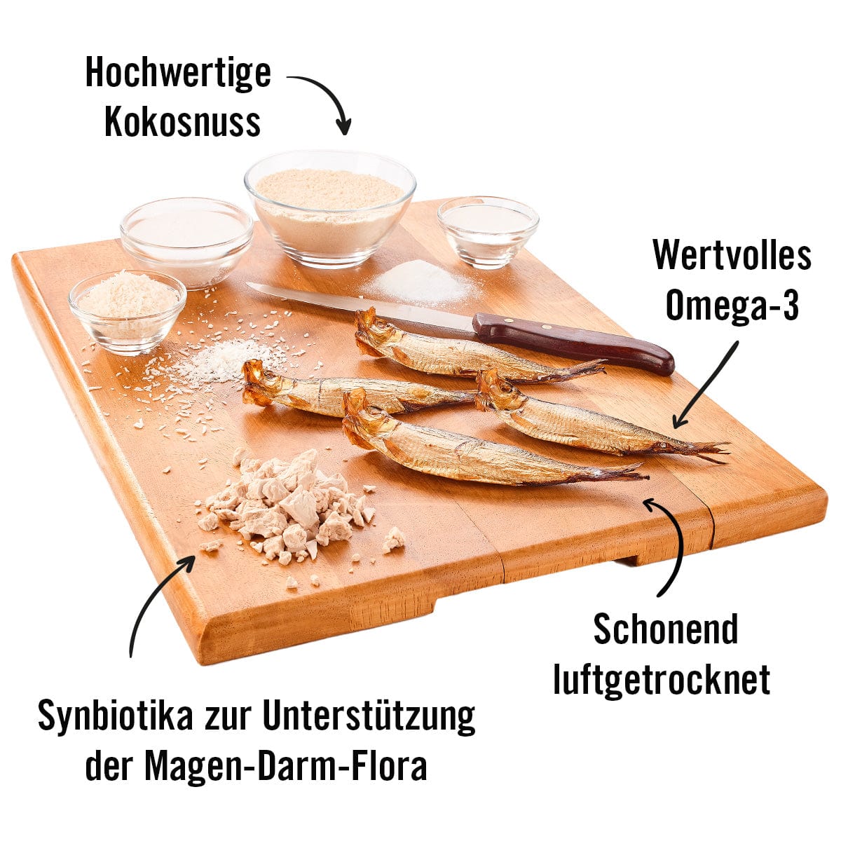 Holzbrett mit den Hauptzutaten für Bäuchlein: Kokosnuss, Sprotte mit Omega 3 und Synbiotika