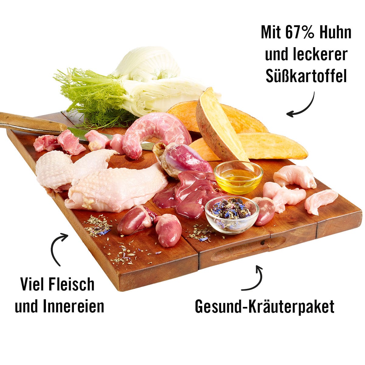Fleischplatte mit den angerichteten Zutaten von Fein Gemacht: Huhn, Süßkartoffel und Kräuterpaket