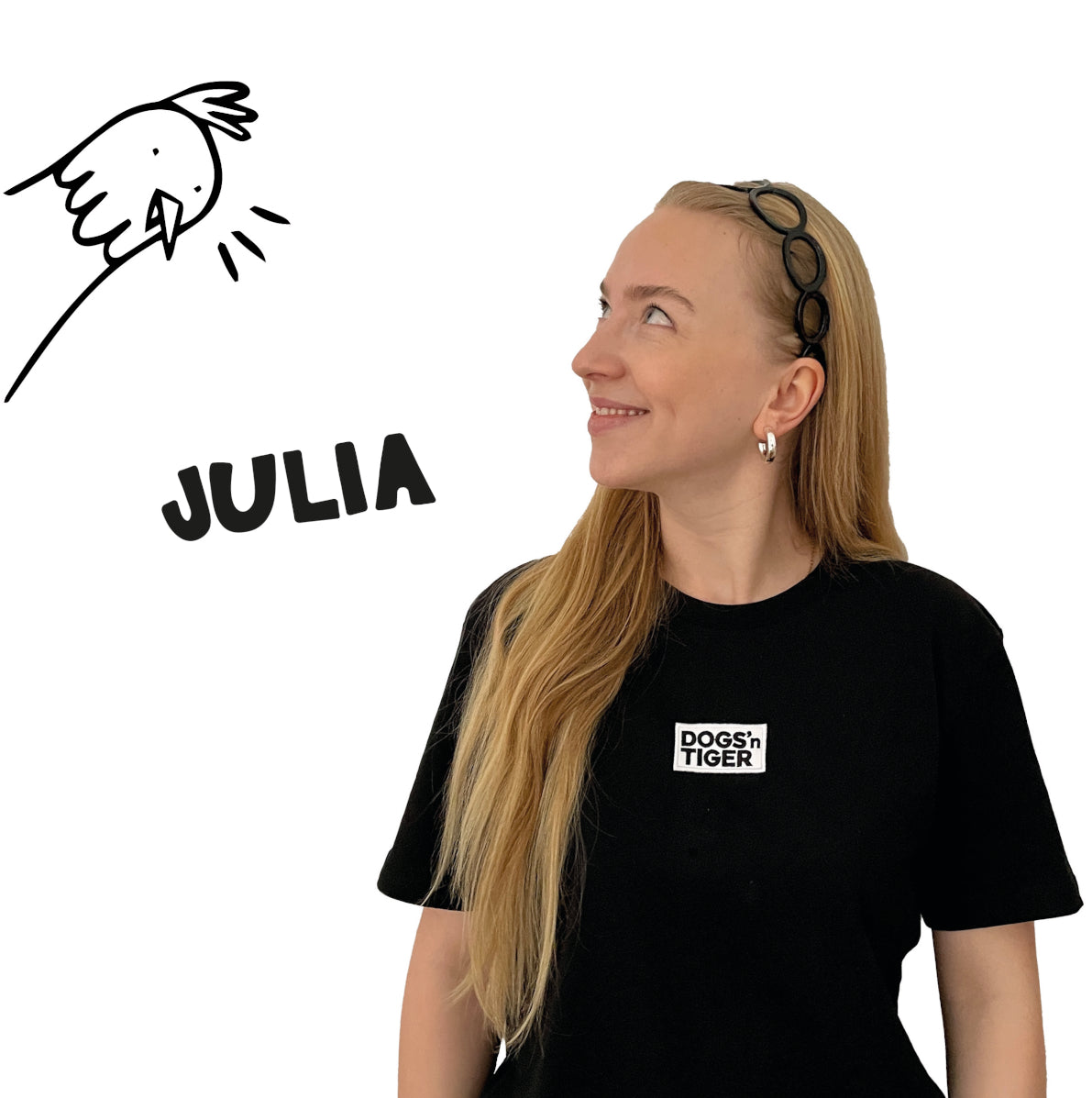 Foto von Julia in schwarzem Shirt mit Dogs'n Tiger Logo