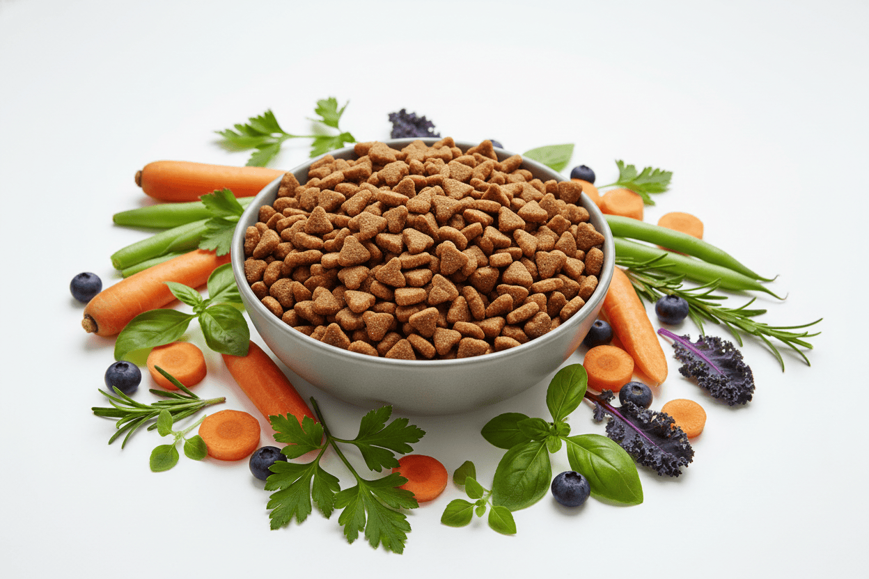 hochwertiges hundtrockenfutter mit gemüse und guten kräutern